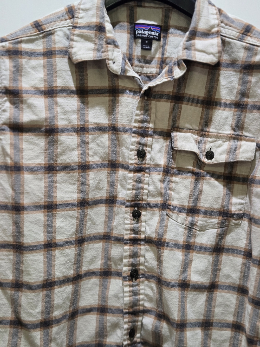 Patagonia Men's Cream Plaid Button-Down with Blue and Brown Stripes
